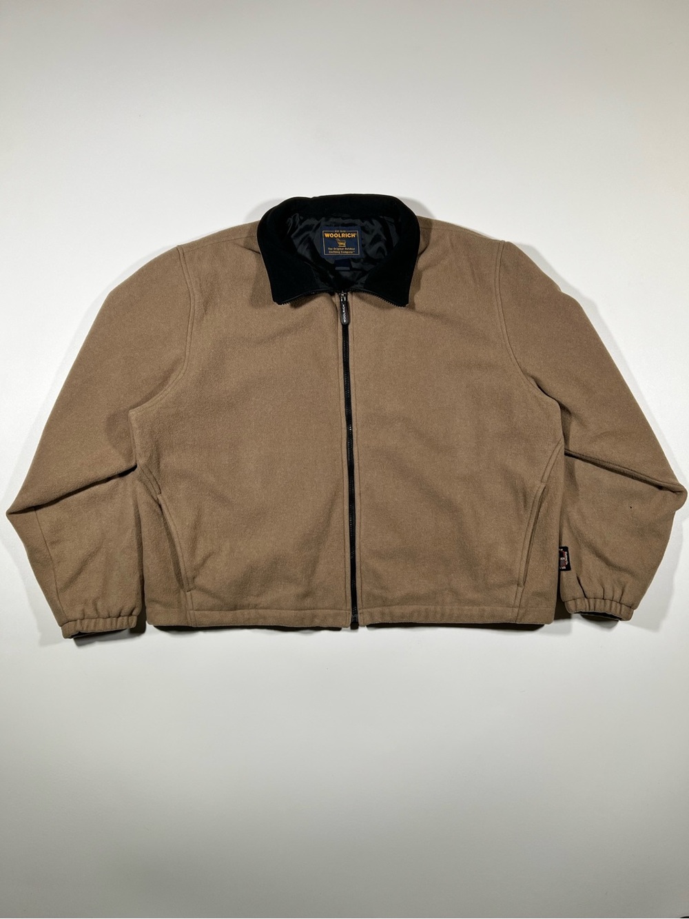 Woolrich Tan Zip-Front Bomber with Black Collar